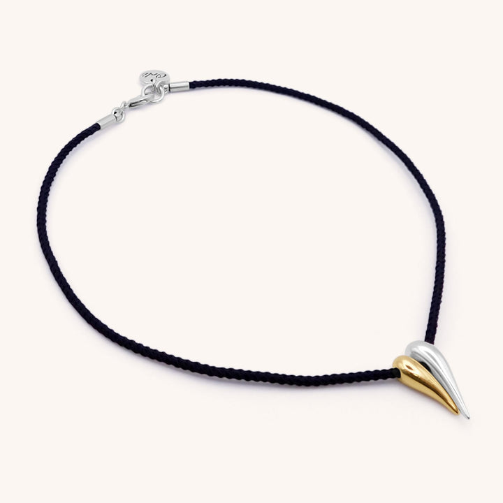 Black Cord Heart Choker Necklace, Silver and Gold