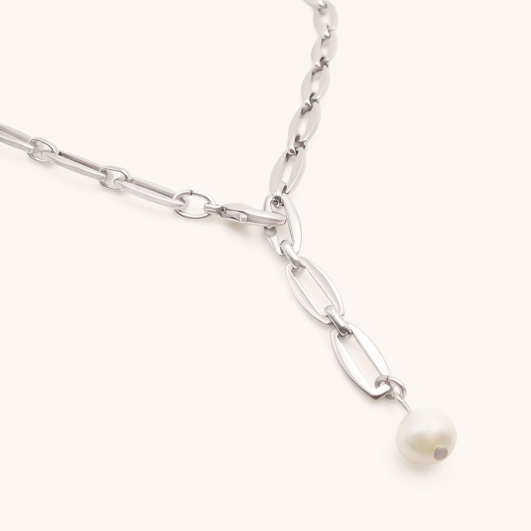 Long Link Adjustable Pearl Necklace, Silver