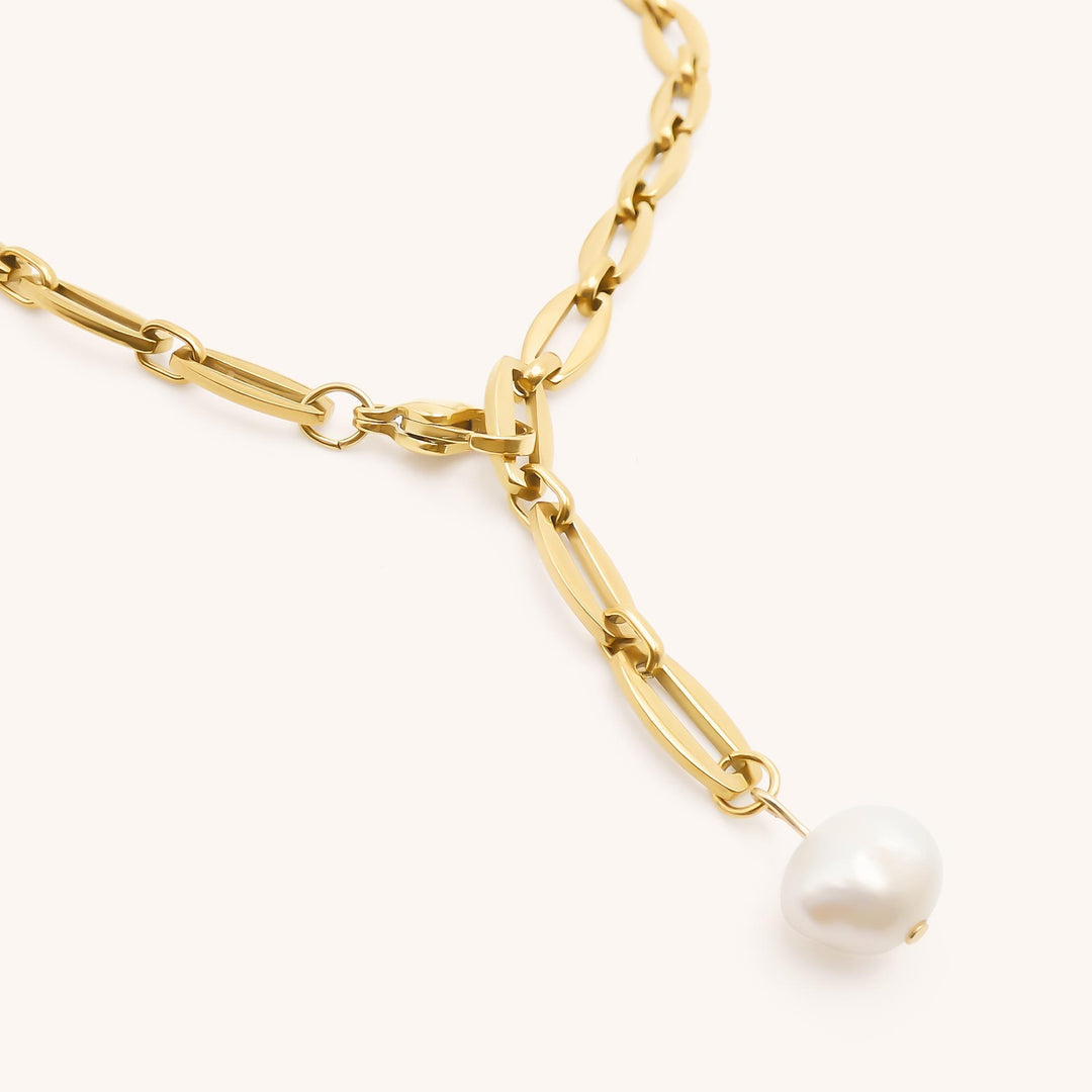 Long Link Adjustable Necklace with Pearl, Gold