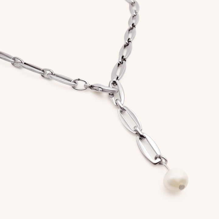 Long Link Adjustable Necklace with Pearl, Silver