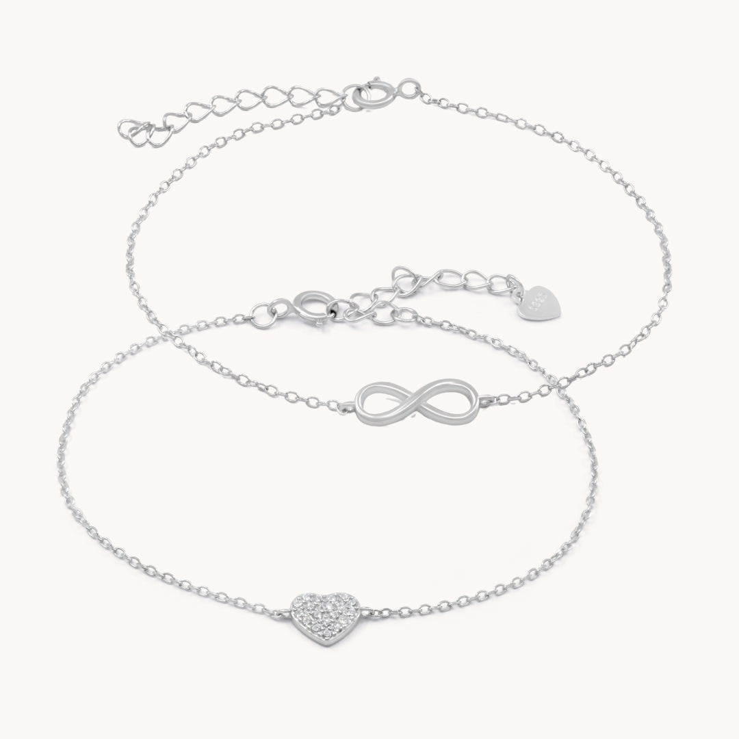 Sterling Silver Infinity & Heart Bracelet Duo Bundle