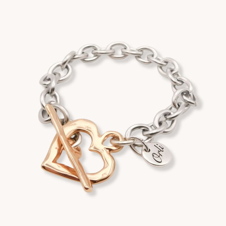 Hammered Heart T-Bar Bracelet, Silver & Rose Gold