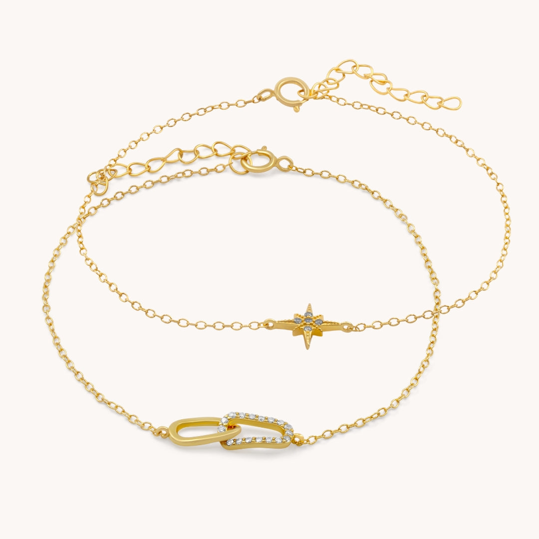 Sterling Silver Celestial Link Bracelet Duo Bundle, Gold