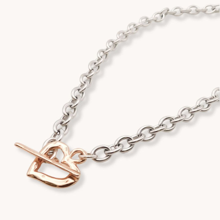 Hammered Heart T-Bar Necklace, Silver & Rose Gold