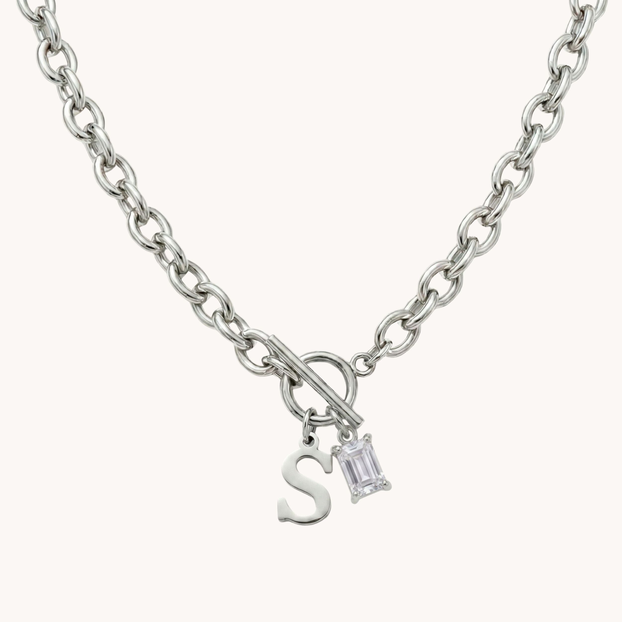 Initial & Birthstone Chunky T-bar Necklace in Silver