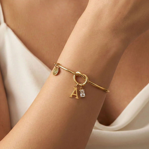 Initial & Birthstone Knotted Bangle in Gold