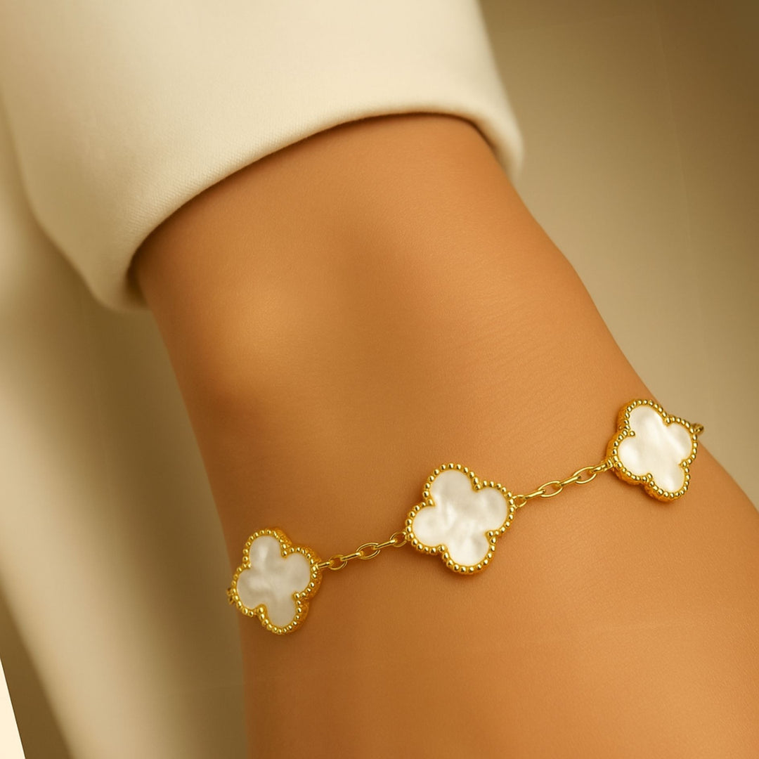 White Multi Clover Bracelet, Gold