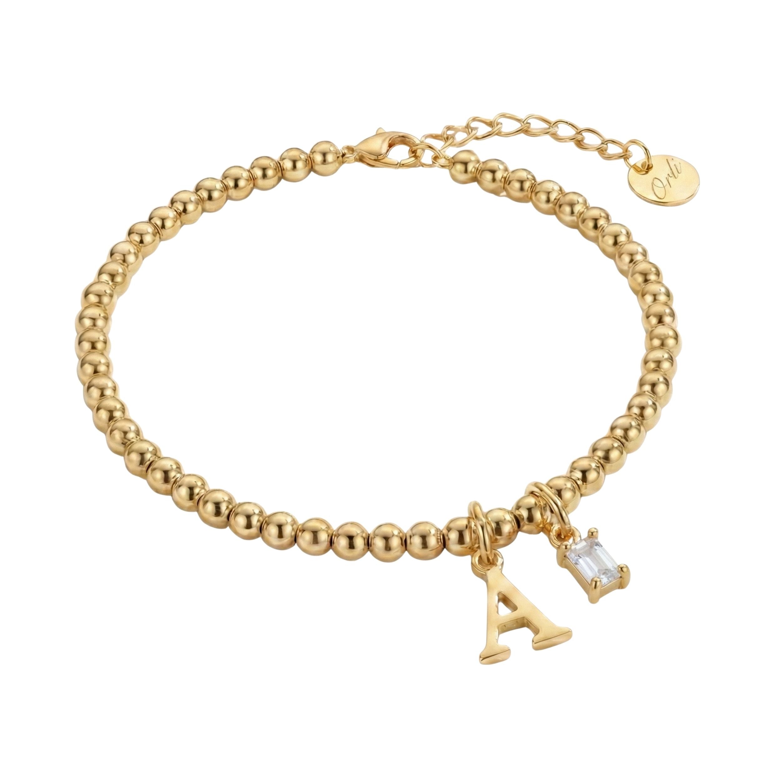 Beaded Bracelet with Initial & Birthstone in Gold