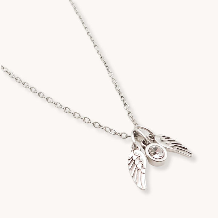 Twin Angel Wings & Birthstone Necklace, Silver