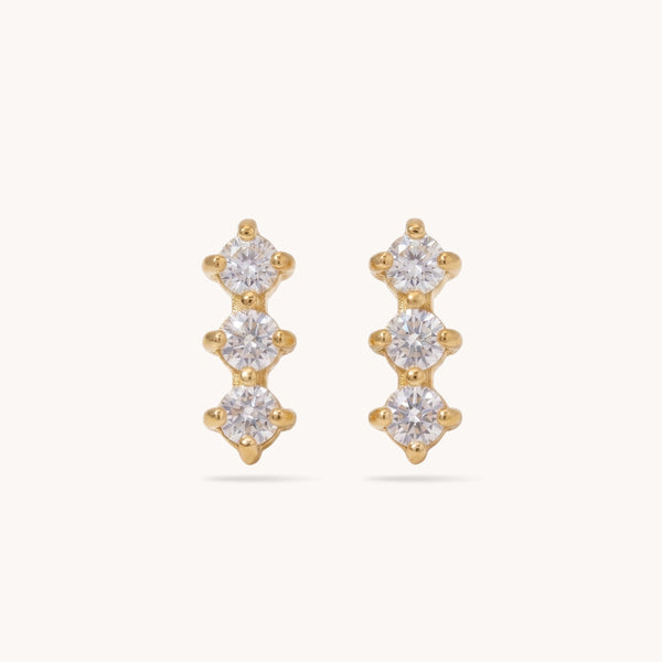 Triple Crystal Stud Earrings in Gold