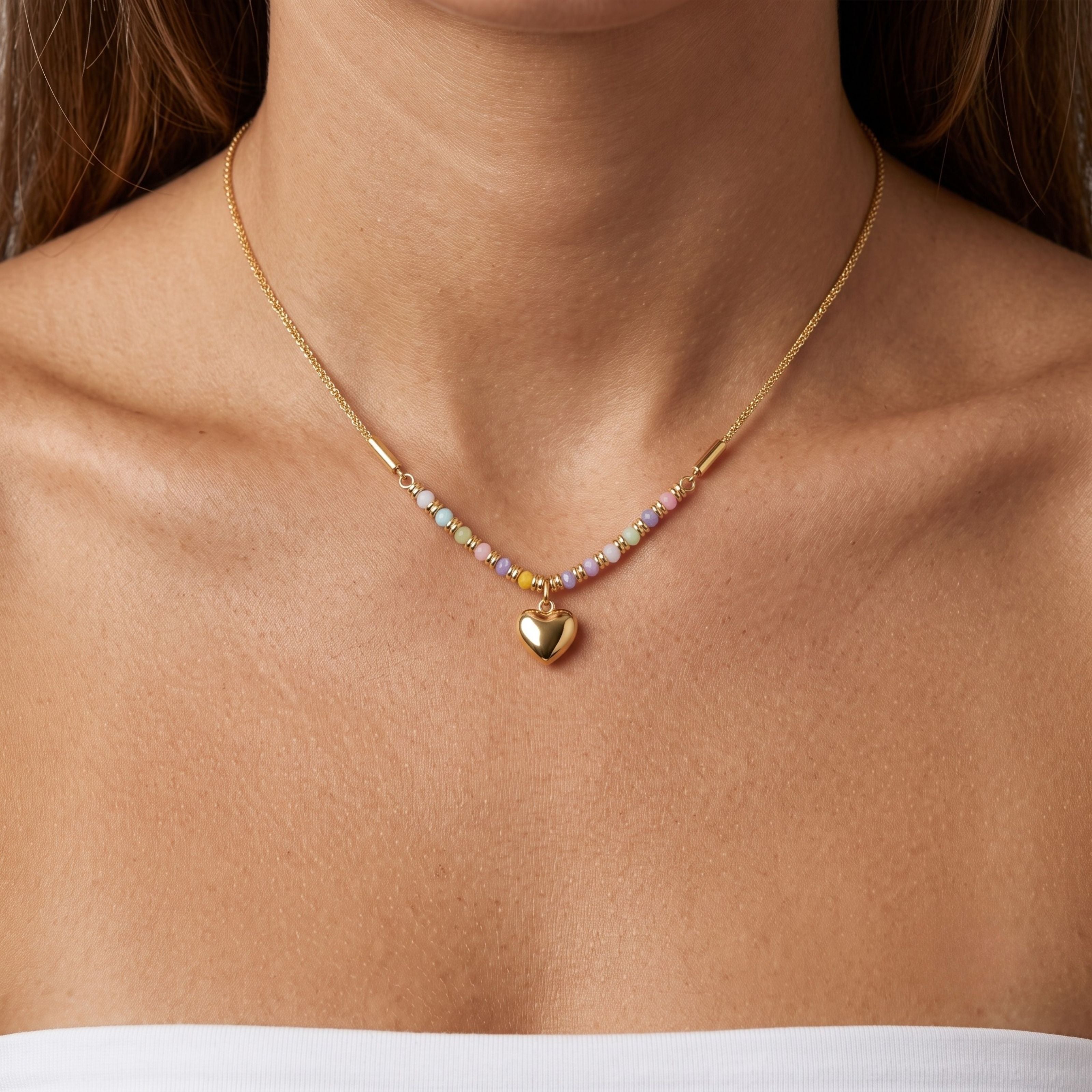 Rainbow Heart Necklace in Gold - worn shot