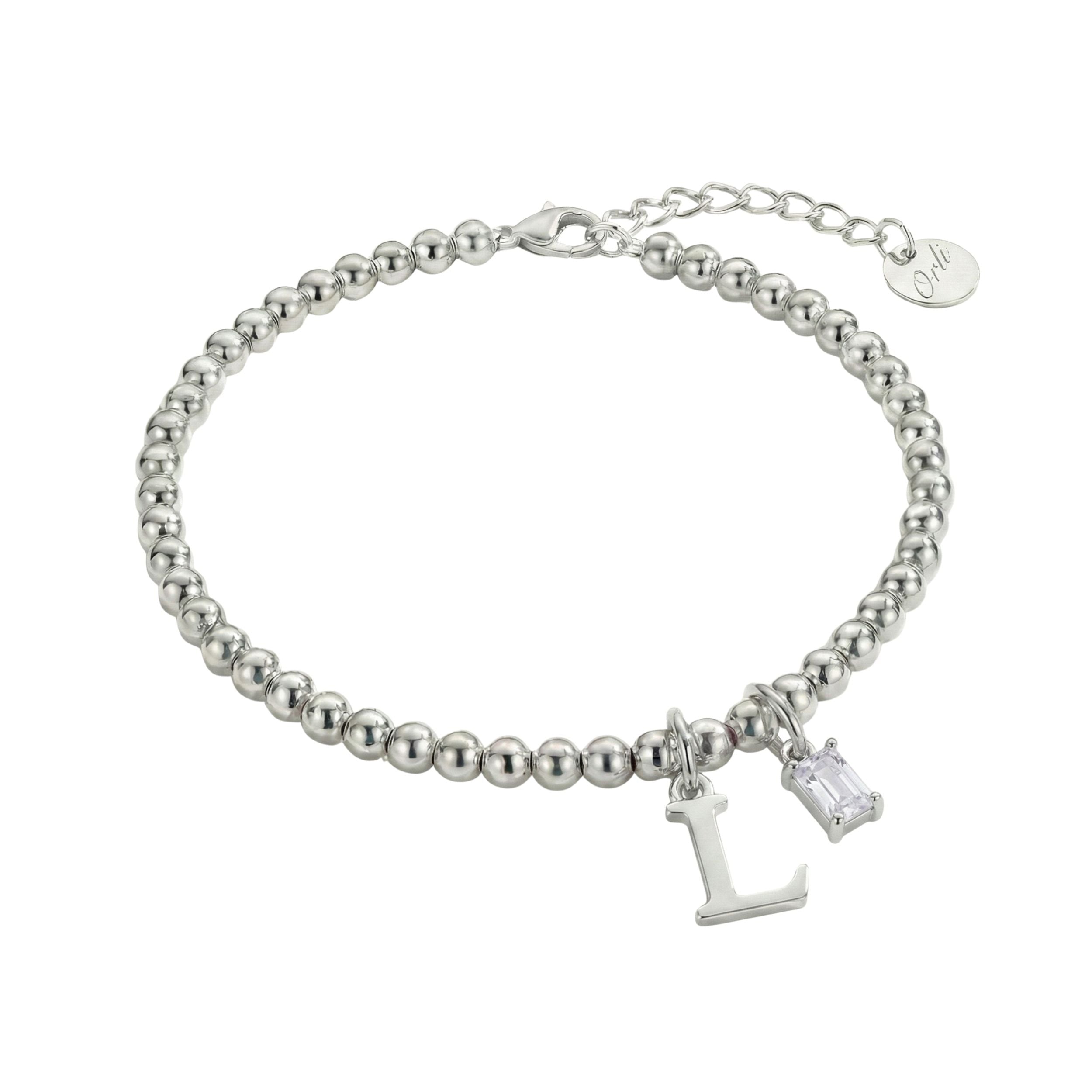 Beaded Bracelet with Initial & Birthstone in Silver