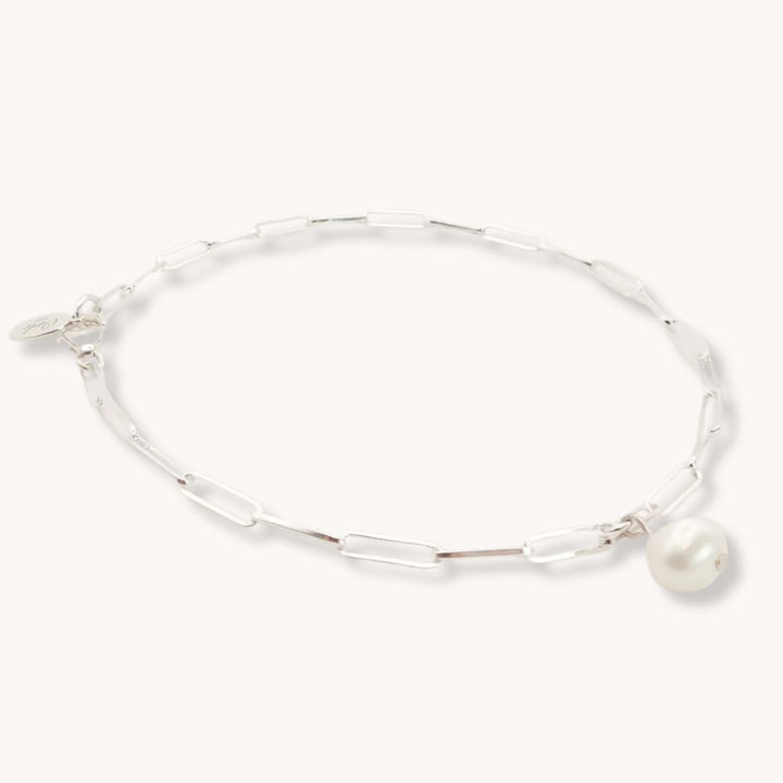 Sterling Silver Paperclip Pearl Anklet