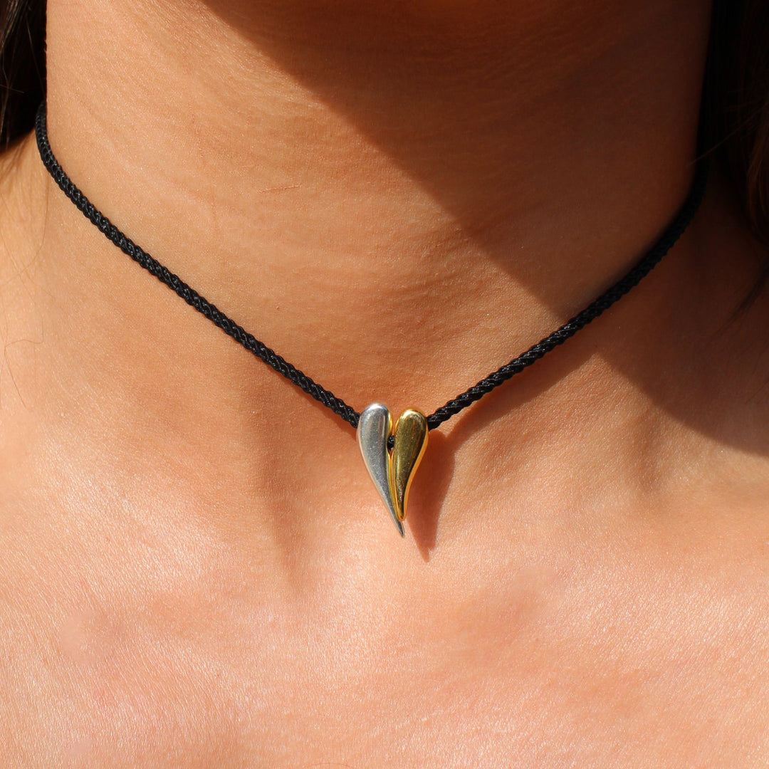 Black Cord Heart Choker Necklace, Silver and Gold