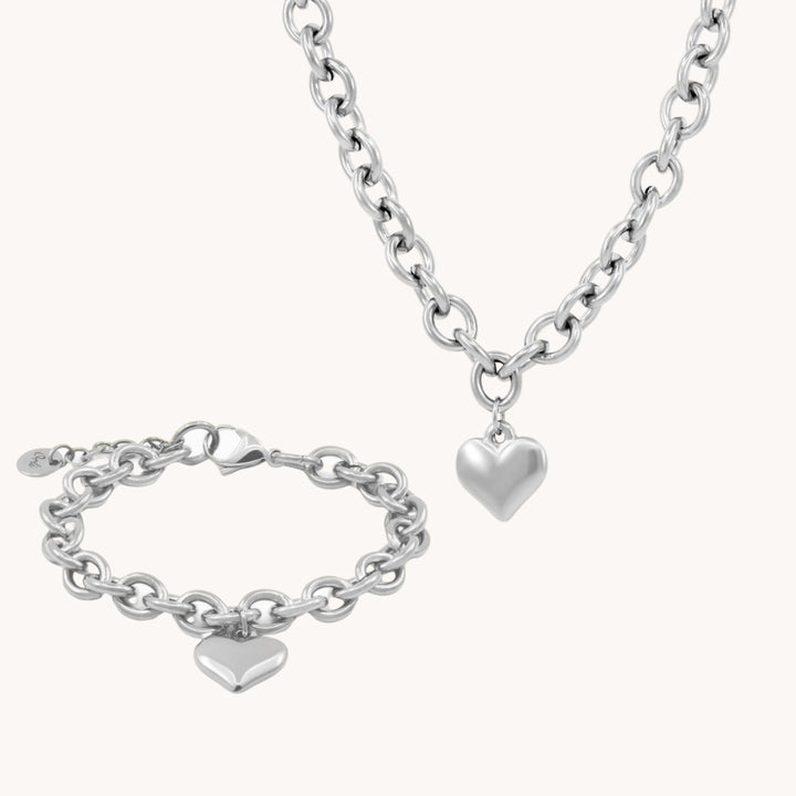 Chloe Heart Necklace & Bracelet Bundle, Silver