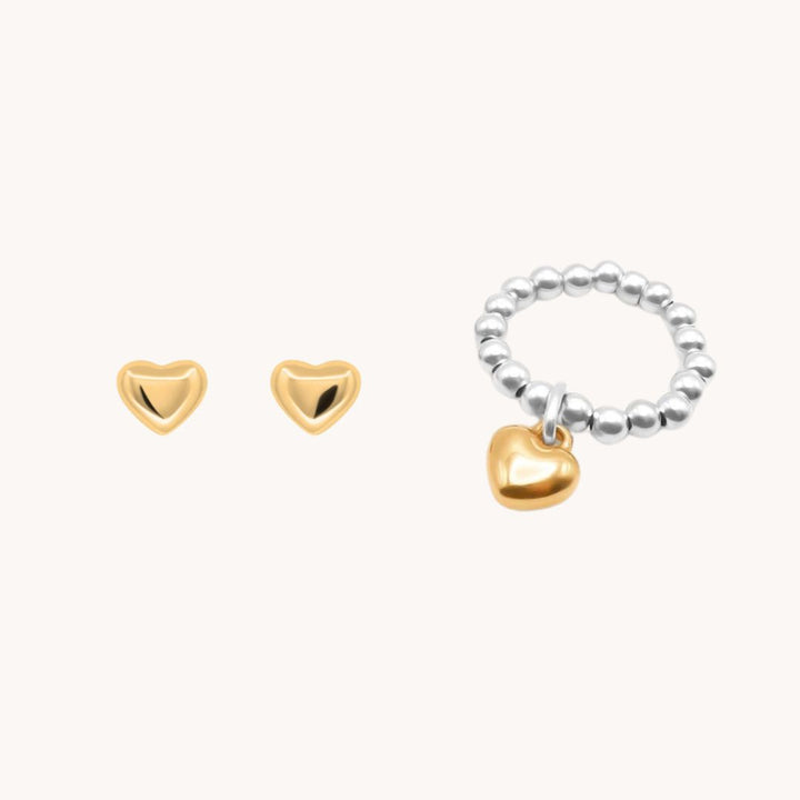 Puffed Heart Ring & Earring Bundle, Silver & Gold