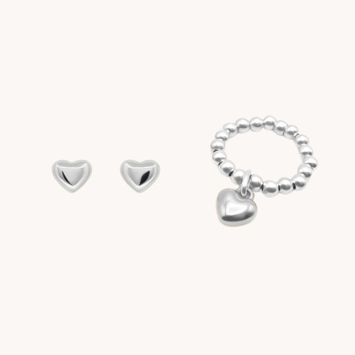 Puffed Heart Ring & Earring Bundle, Silver