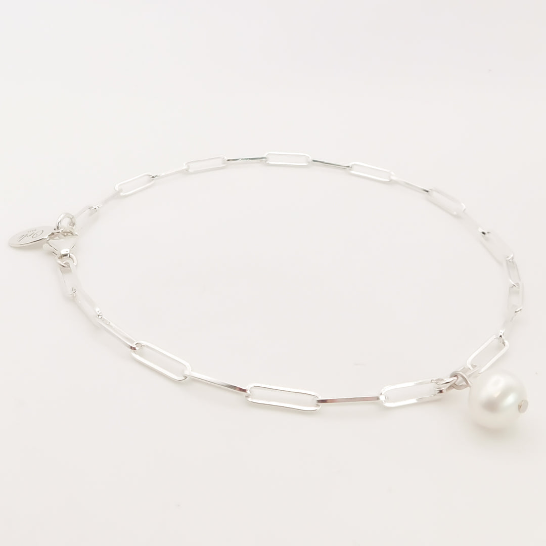 Sterling Silver Paperclip Pearl Anklet