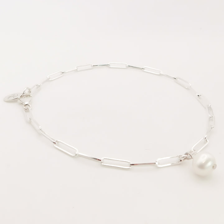 Sterling Silver Paperclip Pearl Anklet