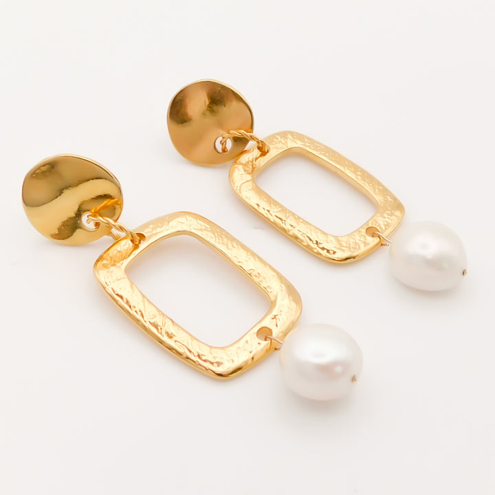 Textured Square Drop Pearl Stud Earrings, Gold