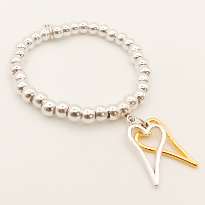 Twin Open Hourglass Heart Chunky Beads Bracelet, Silver and Gold