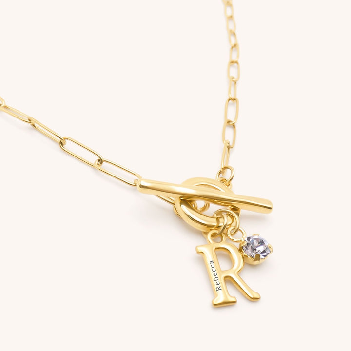 Gracie Initial & Birthstone T-Bar Necklace, Gold
