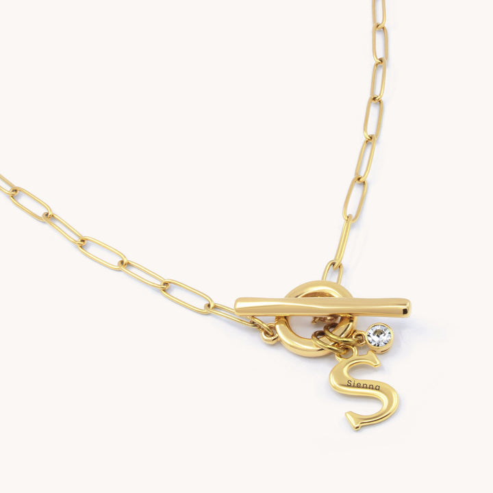 Gracie Initial & Birthstone T-Bar Necklace, Gold