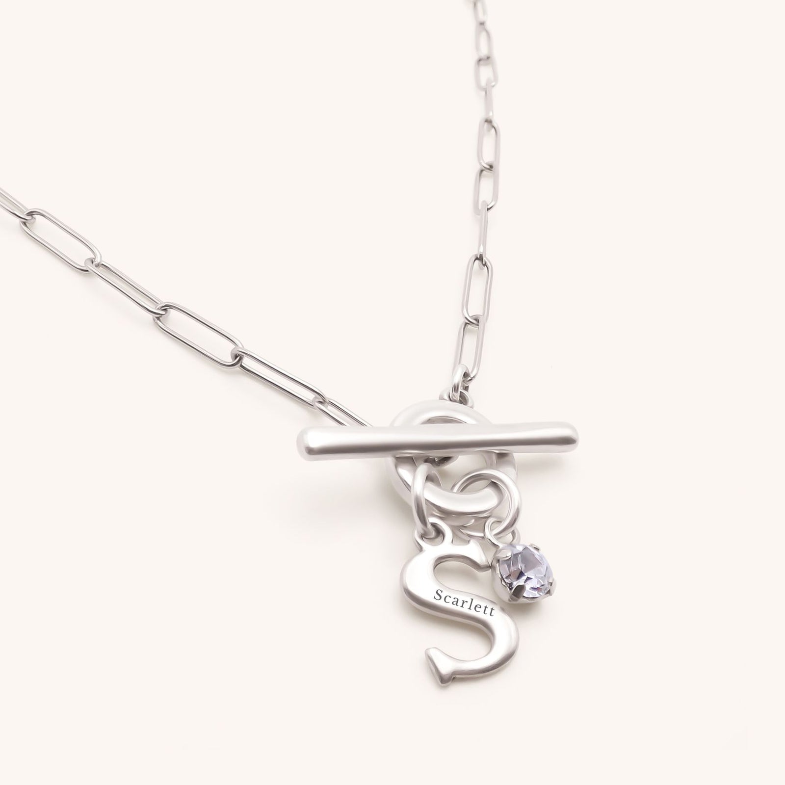 Gracie Initial & Birthstone T-Bar Necklace, Silver