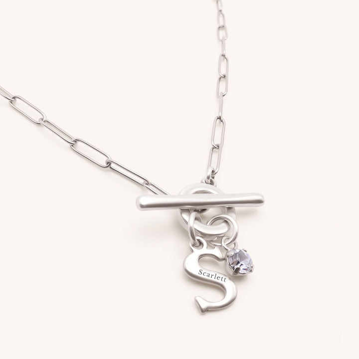 Gracie Initial & Birthstone T-Bar Necklace, Silver