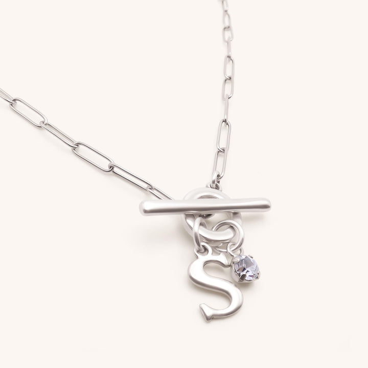 Gracie Initial & Birthstone T-Bar Necklace, Silver