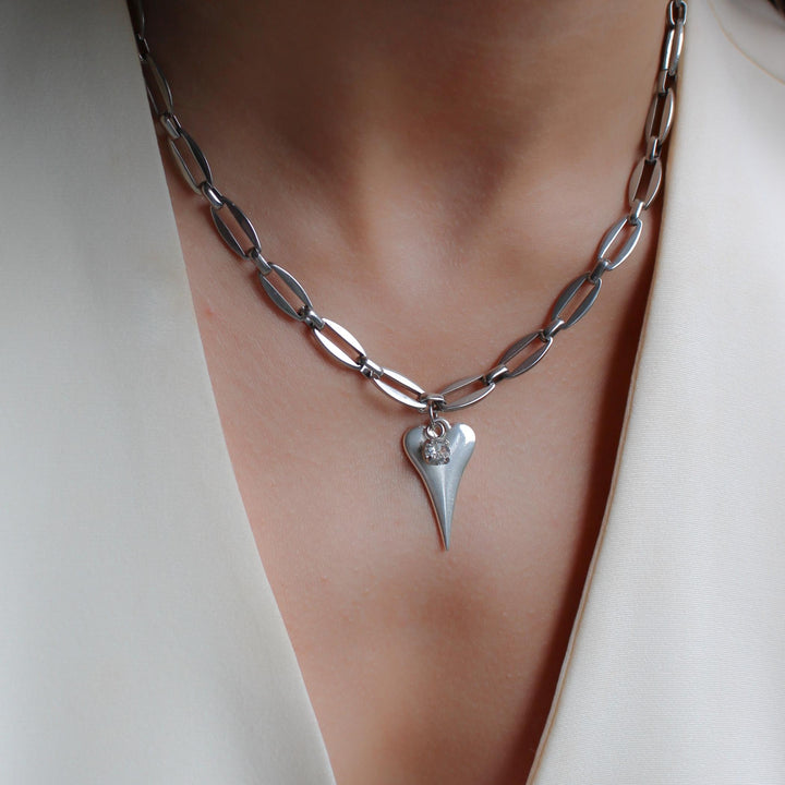 Hourglass Heart and Birthstone Long Link Necklace, Silver