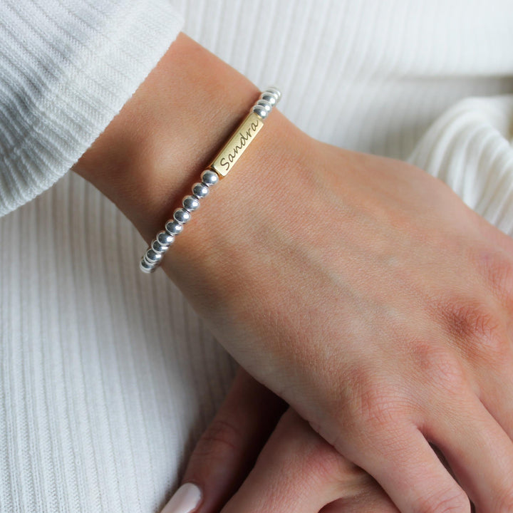 Zara Engravable Bar Personalised Beads Bracelet, Silver & Gold