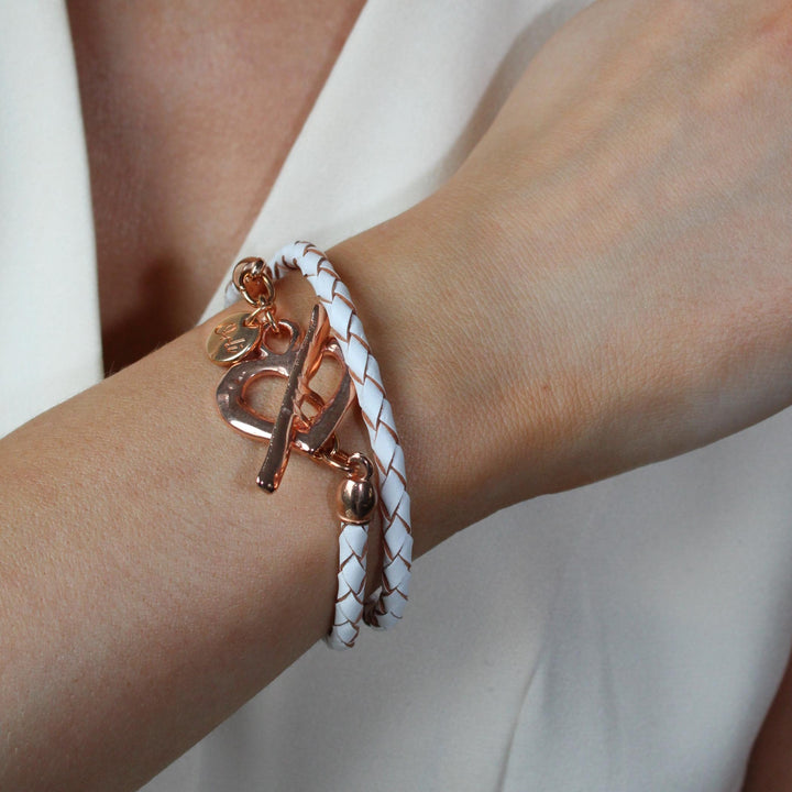 Pleated Leather Wrap Bracelet, Rose Gold & White