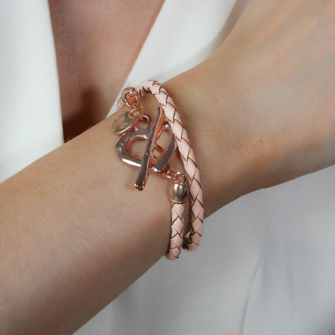 Pleated Leather Wrap Bracelet, Rose Gold & Pearlised Nude