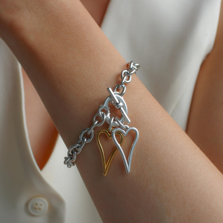 Twin Open Hourglass Heart T-Bar Bracelet, Silver and Gold