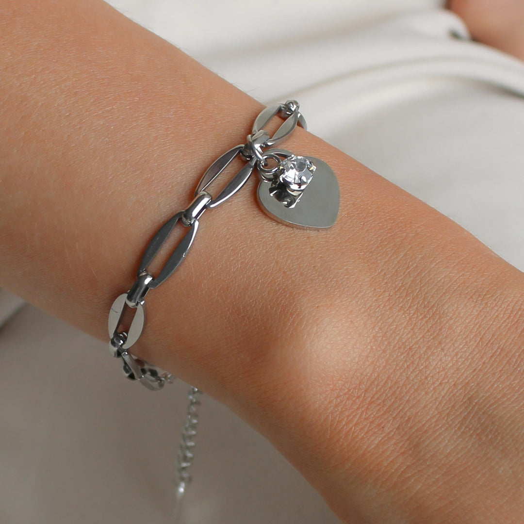 Classic Heart & Birthstone Long Link Bracelet, Silver