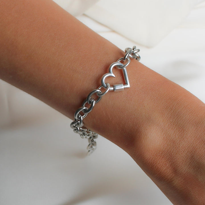 Chunky Oval Chain Bracelet with Heart Lock, Silver