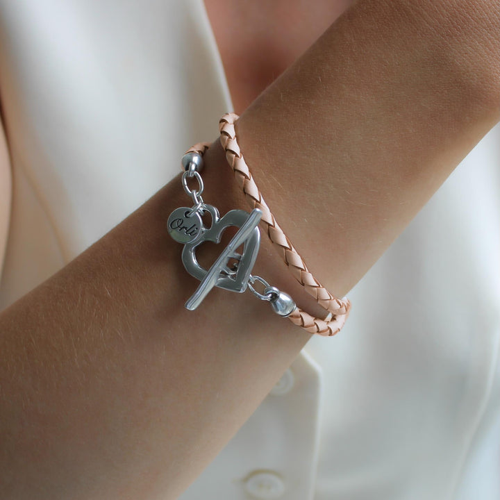 Pleated Leather Wrap Bracelet, Silver & Pearlised Nude