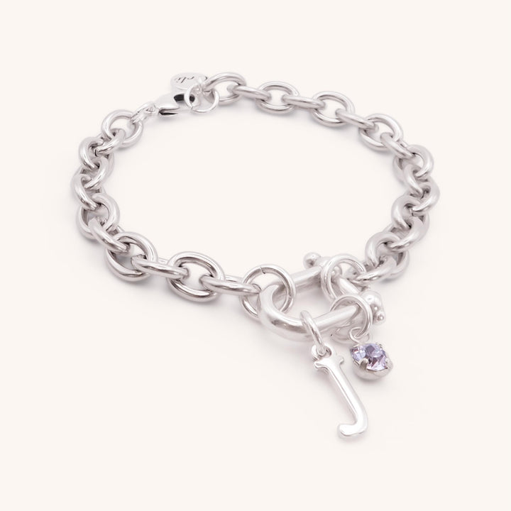 Initial & Birthstone Chunky Horsebit Bracelet, Silver