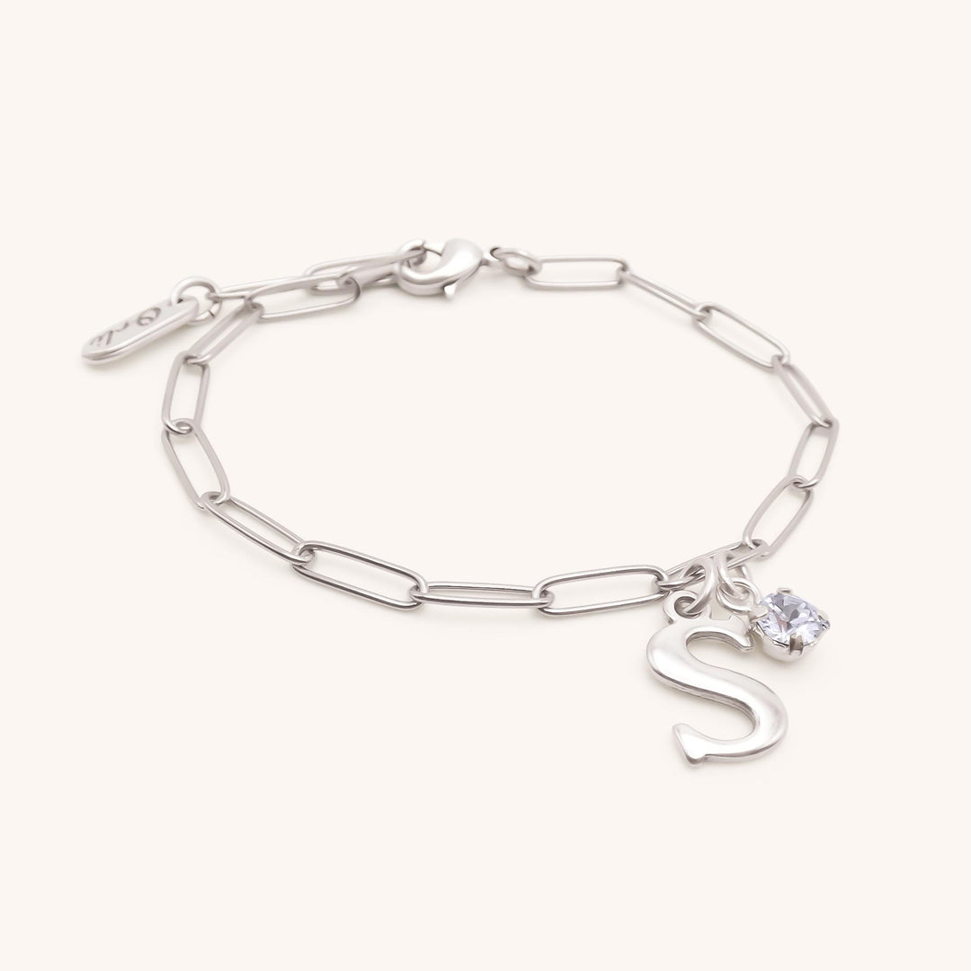 Initial & Birthstone Paperclip Chain Bracelet, Silver