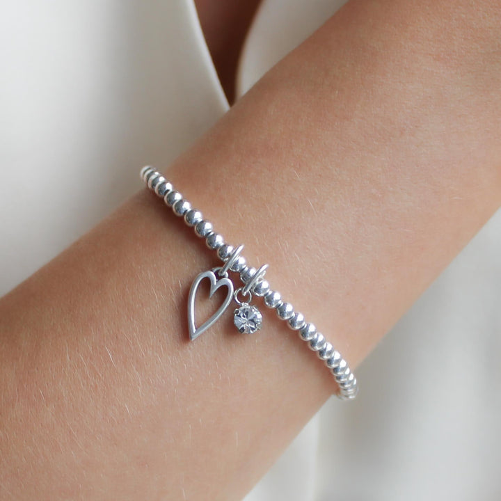 Mini Open Heart & Birthstone Beads Bracelet, Silver