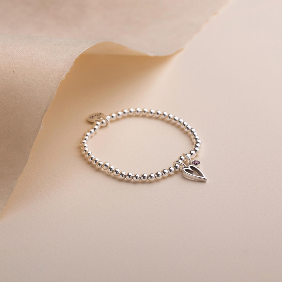 Mini Open Heart & Birthstone Beads Bracelet, Silver