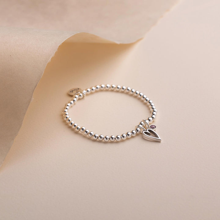 Mini Open Heart & Birthstone Beads Bracelet, Silver