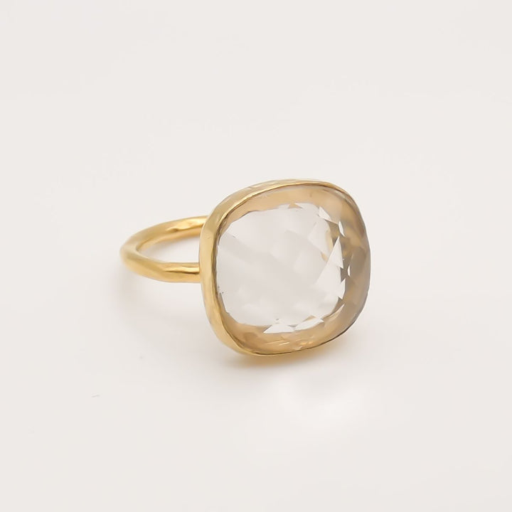 Sterling Silver Clear Quartz Semi-Precious Stone Ring, Gold