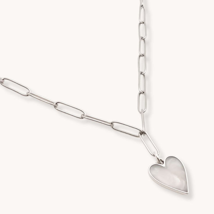 Paperclip Chain Marble Heart Necklace, Silver