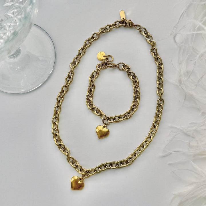 Chloe Heart Necklace & Bracelet Bundle, Gold