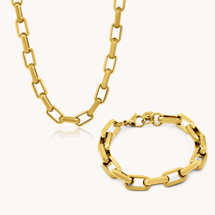 Square Link Necklace & Bracelet Bundle, Gold