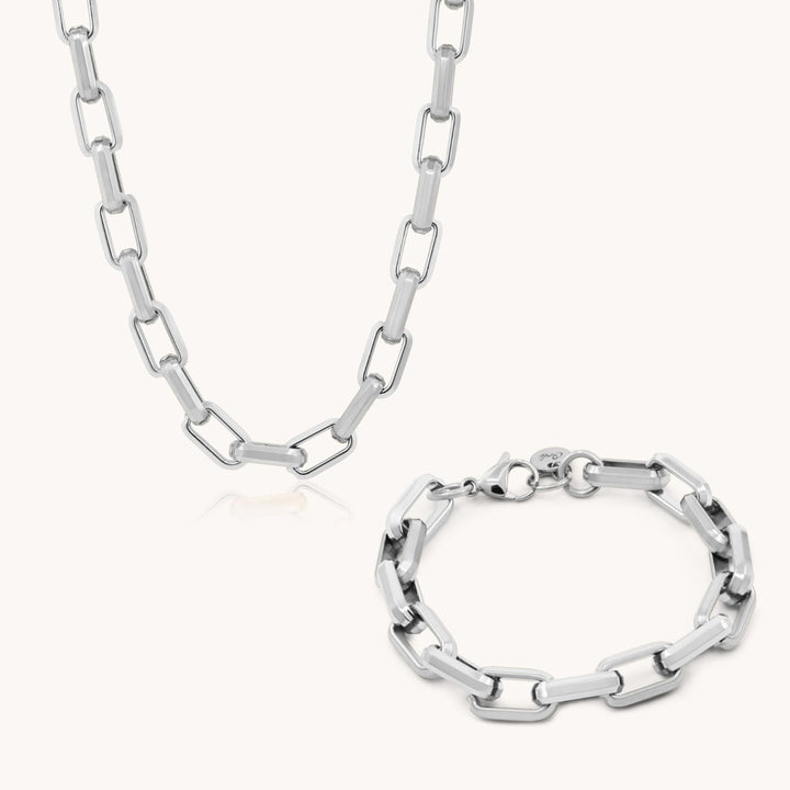 Square Link Necklace & Bracelet Bundle, Silver