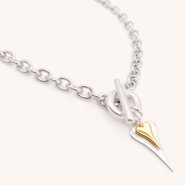 Hourglass Heart Chunky T-Bar Necklace, Silver & Gold