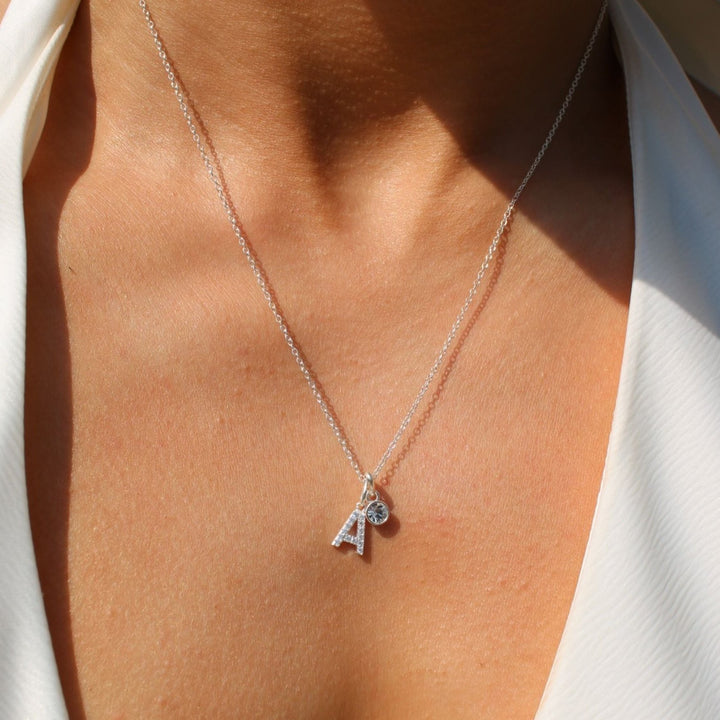 Sterling Silver Crystal Initial & Birthstone Necklace